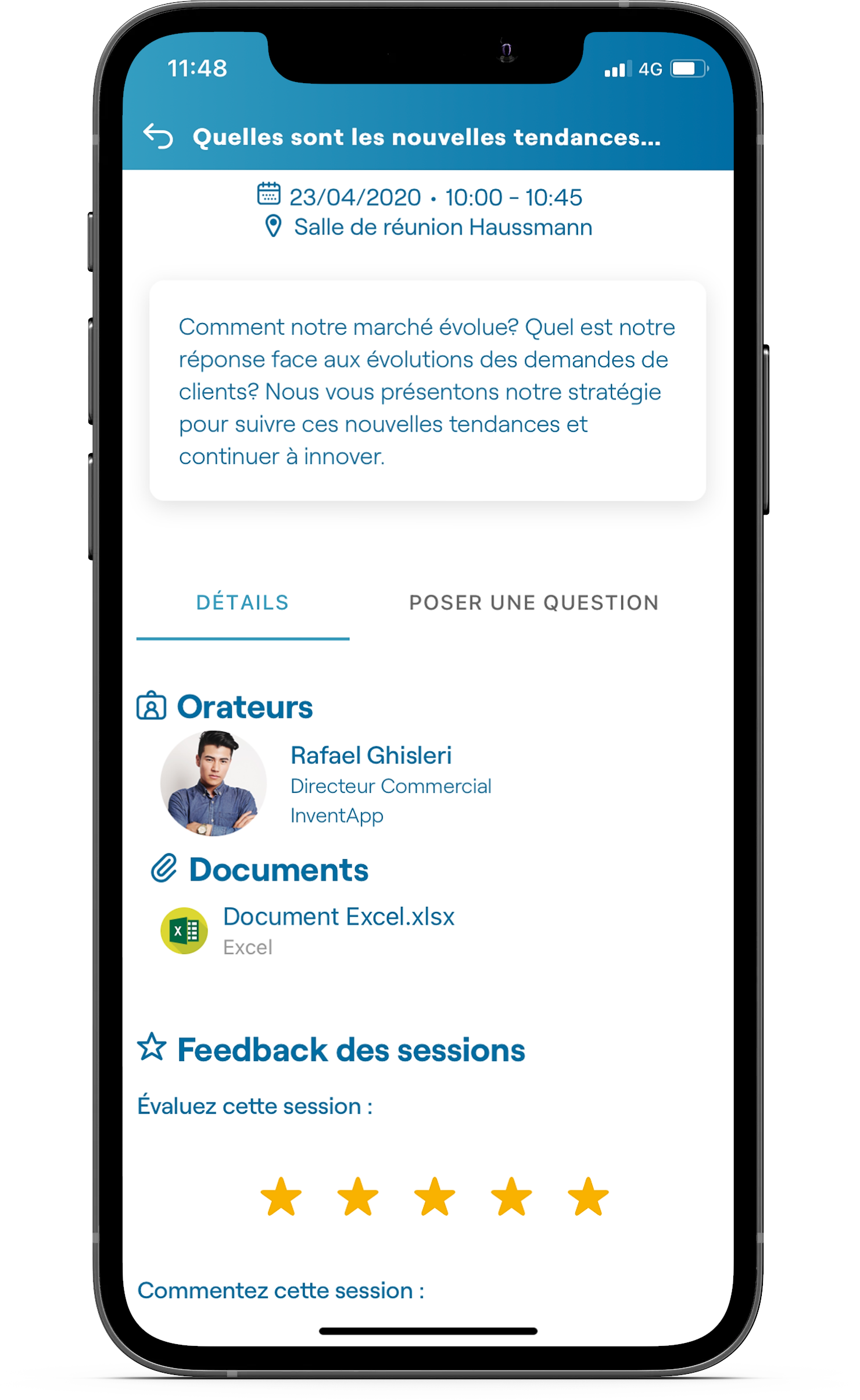 app evenement sessions detaillees